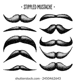 Stippled vintage mustache. Curly facial hair. Hipster beard. Stippling, dot drawing and shading, stipple pattern, halftone effect. Vector illustration