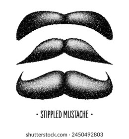 Stippled vintage mustache. Curly facial hair. Hipster beard. Stippling, dot drawing and shading, stipple pattern, halftone effect. Vector illustration