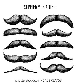 Stippled vintage mustache. Curly facial hair. Hipster beard. Stippling, dot drawing and shading, stipple pattern, halftone effect. Vector illustration