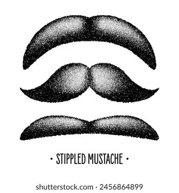 Stippled vintage mustache. Curly facial hair. Hipster beard. Stippling, dot drawing and shading, stipple pattern, halftone effect. Vector illustration