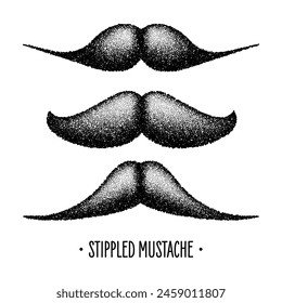 Stippled vintage mustache. Curly facial hair. Hipster beard. Stippling, dot drawing and shading, stipple pattern, halftone effect. Vector illustration