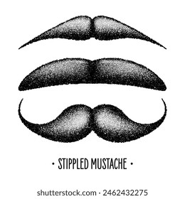 Stippled vintage mustache. Curly facial hair. Hipster beard. Stippling, dot drawing and shading, stipple pattern, halftone effect. Vector illustration