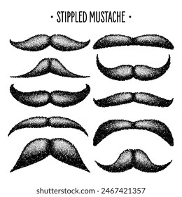 Stippled vintage mustache. Curly facial hair. Hipster beard. Stippling, dot drawing and shading, stipple pattern, halftone effect. Vector illustration