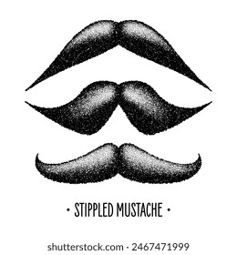 Stippled vintage mustache. Curly facial hair. Hipster beard. Stippling, dot drawing and shading, stipple pattern, halftone effect. Vector illustration