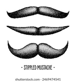 Stippled vintage mustache. Curly facial hair. Hipster beard. Stippling, dot drawing and shading, stipple pattern, halftone effect. Vector illustration