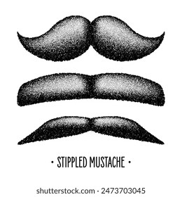 Stippled vintage mustache. Curly facial hair. Hipster beard. Stippling, dot drawing and shading, stipple pattern, halftone effect. Vector illustration