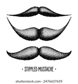 Stippled vintage mustache. Curly facial hair. Hipster beard. Stippling, dot drawing and shading, stipple pattern, halftone effect. Vector illustration