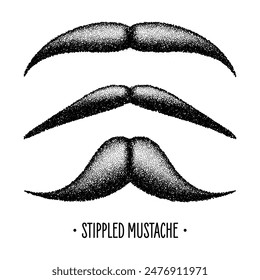 Stippled vintage mustache. Curly facial hair. Hipster beard. Stippling, dot drawing and shading, stipple pattern, halftone effect. Vector illustration