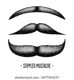 Stippled vintage mustache. Curly facial hair. Hipster beard. Stippling, dot drawing and shading, stipple pattern, halftone effect. Vector illustration