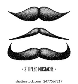 Stippled vintage mustache. Curly facial hair. Hipster beard. Stippling, dot drawing and shading, stipple pattern, halftone effect. Vector illustration