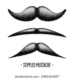 Stippled vintage mustache. Curly facial hair. Hipster beard. Stippling, dot drawing and shading, stipple pattern, halftone effect. Vector illustration