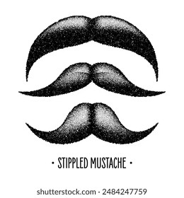 Stippled vintage mustache. Curly facial hair. Hipster beard. Stippling, dot drawing and shading, stipple pattern, halftone effect. Vector illustration