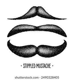 Stippled vintage mustache. Curly facial hair. Hipster beard. Stippling, dot drawing and shading, stipple pattern, halftone effect. Vector illustration