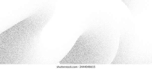 Stippled wavy sand grain background. Grunge curved gradient wave. Grit noise dot work wallpaper. Black dots, speckles, particles or granules texture. Vector abstract fluid gritty backdrop overlay