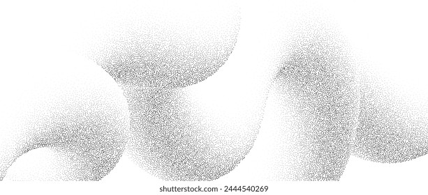 Stippled wavy sand grain background. Grunge curved gradient wave. Grit noise dot work wallpaper. Black dots, speckles, particles or granules print texture. Vector fluid gritty backdrop overlay