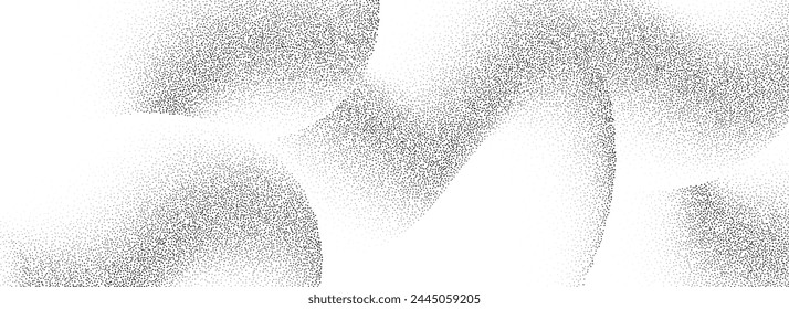 Stippled wavy sand grain texture. Grunge curved gradient wave. Grit noise dot work wallpaper. Black dots, speckles, particles or granules print background. Vector fluid gritty backdrop overlay