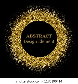 Stippling abstract dotted frame for your design. Sparkling effect vector. Golden dots bound the black background. Vector abstract gold glitter design element.