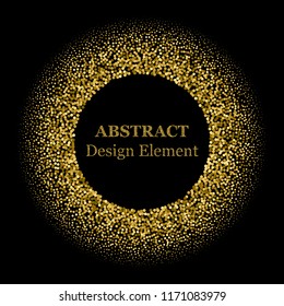 Stippling abstract dotted frame for your design. Sparkling effect vector. Golden dots bound the black background. Vector abstract gold glitter design element.