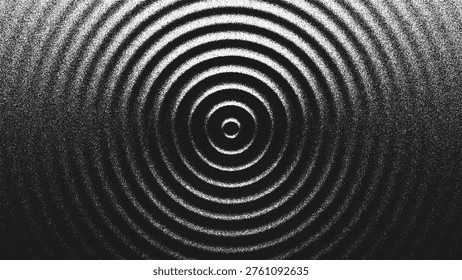 Las obras de arte con círculos concéntricos y geometría se expanden en armonía rítmica. Patrón de ondulación hecho de innumerables puntos creando ilusión de luz y sombra. Ilusión dinámica de las ondas sonoras. Geometría de onda concéntrica Abstractas creada con la técnica de punteado. Patrón de ondulación geométrica hecho de innumerables puntos punteados. Las ondas circulares se extienden por el espacio como vibraciones de agua. Composición mínima en blanco y negro centrada en la simetría, el movimiento y el ritmo visual. Fondo de Vector