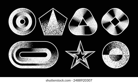 The stippling gradients and patterns within each shape create unique and trendy geometric form stickers against a black background.