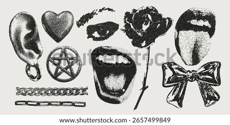 Stippling halftone collage set with retro elements. Grungy punk aesthetic perfect for zines, posters, DIY flyers, tattoo, graphics, album art