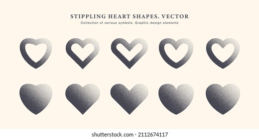 Stippling Heart Shape Vector Set. Collection Of Various Dotted Hearts Icons Isolated On Light Background. Valentine's Day Assorted Different Modern Graphic Hearts Love Symbol Design Elements