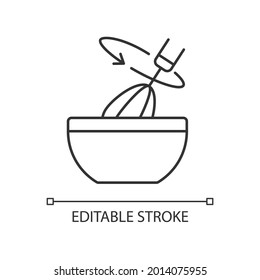 Stir cooking ingredient linear icon. Whisking in bowl as recipe step. Whipped cream blend. Thin line customizable illustration. Contour symbol. Vector isolated outline drawing. Editable stroke