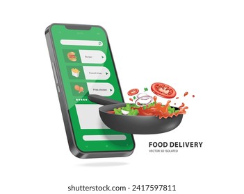 Stir the food on pan and flip the food. background is smartphone screen with a food delivery ordering application template, vector 3d isolated on white background for e commerce, delivery concept