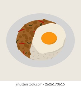 Stir fried basil pork jasmine rice fried egg Thai food spicy savory comfort meal white plate simple background delicious
