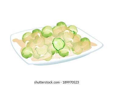 Stir Fried Brussels Sprout with Oyster Sauce or Fish Sauce on A White Dish, Healthy and Flavoursome Dish in Asian Restaurant. 