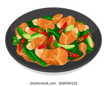 Stir fried crispy pork belly with chinese kale recipe menu on white background (Kana moo krob, Thai Food isolated illustration vector).