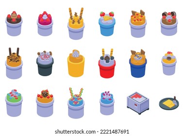 Stir fried ice cream icons set isometric vector. Thai roll. Taco summer