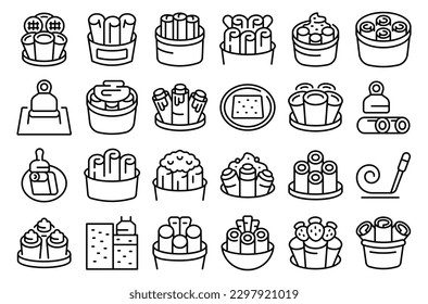 Stir fried ice cream icons set outline vector. Thai roll. Food taco