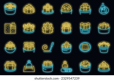 Stir fried ice cream icons set outline vector. Thai roll. Food taco neon color on black