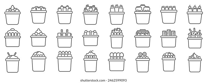 Stir fried ice cream outline vector icons. A series of white boxes with various items inside. The boxes are arranged in a grid pattern. Scene is that of a grocery store or a market