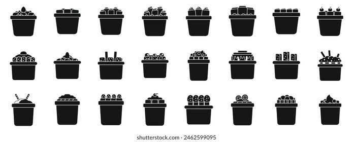 Stir fried ice cream simple vector icons. A collection of black and white images of various containers, including a basket, a bowl, and a cup