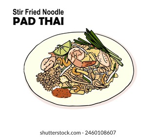 Gebratene Nudel (Pad Thai) auf weißem Hintergrund umrühren. Handzeichnung Stil Vektorillustration.