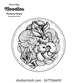 Stir fried noodles with shrimps and vegetables. Hand drawn sketch. Top view vector illustration.  Engraved style. Black and white illustration. Noodles in bowl.