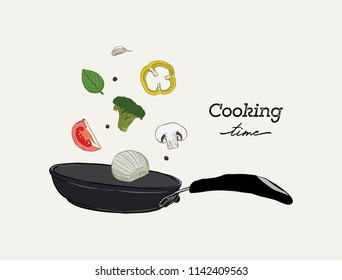 Stir fry. Cooking process vector illustration. Flipping Asian food in a pan. 