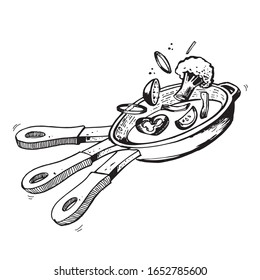 Stir Fry Cooking Process vector illustration. Flipping vegetables in a pan. Graphic isolated set, line art - Cartoon Food Illustration