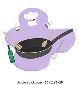 Stir Fry. Cooking Process Vector Illustration. Flipping Food In A Pan. Cartoon Style. Skillet