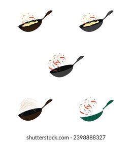 Stir fry. Cooking process vector illustration. Flipping Asian food in a pan.  炒める。 調理プロセスのベクトル図です。 アジア料理を鍋でひっくり返します。