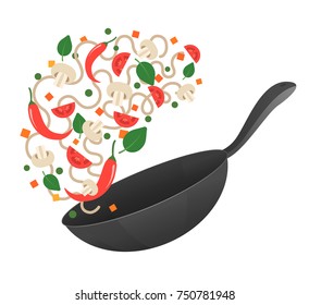 Stir fry. Cooking process vector illustration. Flipping Asian noodles in a pan. Cartoon style. Flat