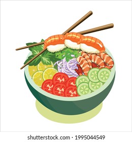 Stir fry salad with sushi and shrimps in a bowl with a slate background. Top view copy space. Shrimp and vegetables served with salad. Chopsticks with Asian food vector.