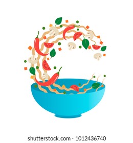 Stir fry vector illustration. Flipping Asian noodles with vegetables in a blue bowl. Cartoon flat style