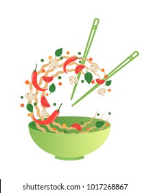 Stir fry vector illustration. Flipping Asian noodles with vegetables in a green bowl. Cartoon flat style
