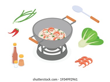 Stir frying set, wok, pad thai with shrimp. Isometric vector illustration in flat design.