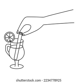 Stir the mulled wine with a cinnamon stick. A glass of hot wine is decorated with a circle of orange. Sketch. Vector illustration. Doodle style. Glassware with handle for latte and cappuccino. 