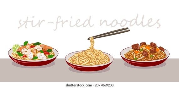 stir-fried noodles set cartoon vector illustration. 