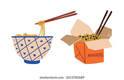 Stir-fried Prepared Udon Noodle Served in Carton Box and Bowl Vector Set